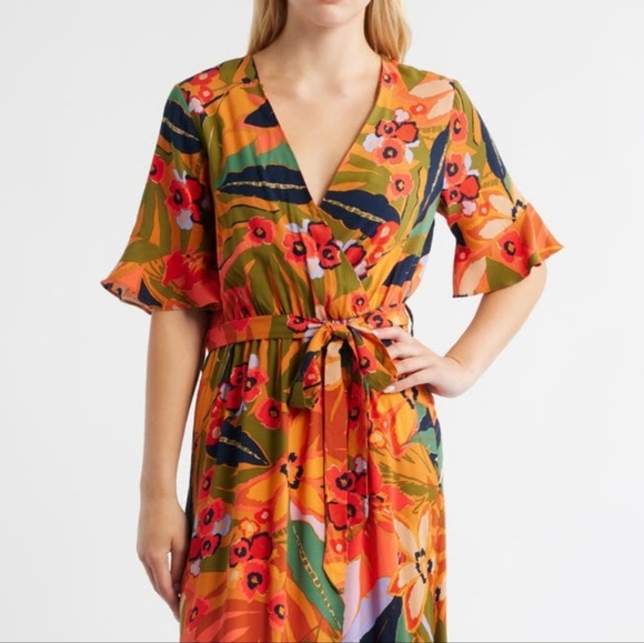 Floral Wrap Maxi Dress Halogen Medium Orange V Neck Rayon - Picture 10 of 11